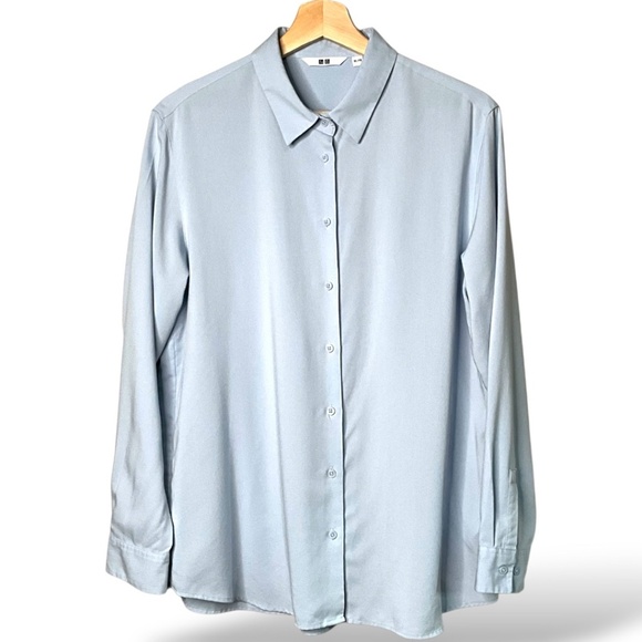 UNIQLO Rayon Pale Blue Long Sleeve Button Front Blouse US Sz XL - Picture 3 of 11